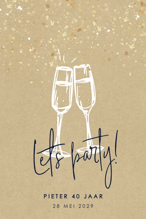 Verjaardag uitnodiging met champagneglazen en gouden confetti