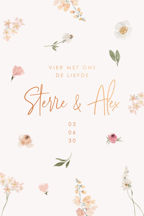 Romantische trouwkaart met bloemen en koperfolie