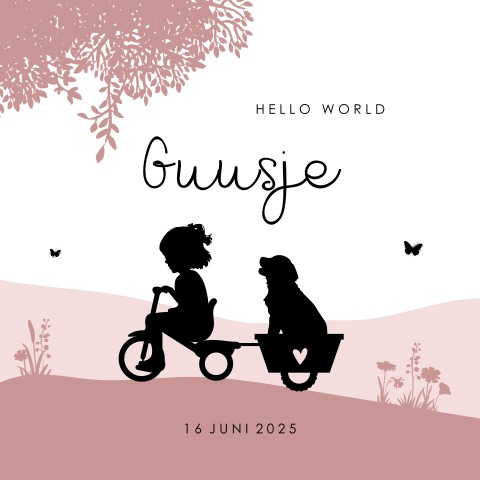Lief geboortekaartje met silhouet van meisje en hond