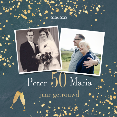 Kaart 50 jaar getrouwd feestelijk met gouden confetti