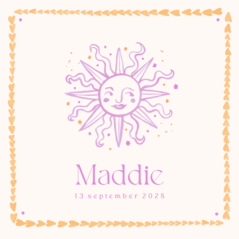 Geboortekaartje bohemian zon met hartjes kader