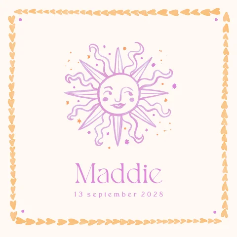 Geboortekaartje bohemian zon met hartjes kader