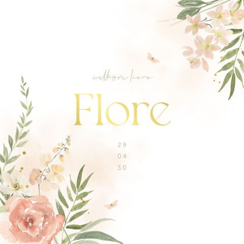 Romantisch geboortekaartje meisje met aquarel bloemen en goudfolie