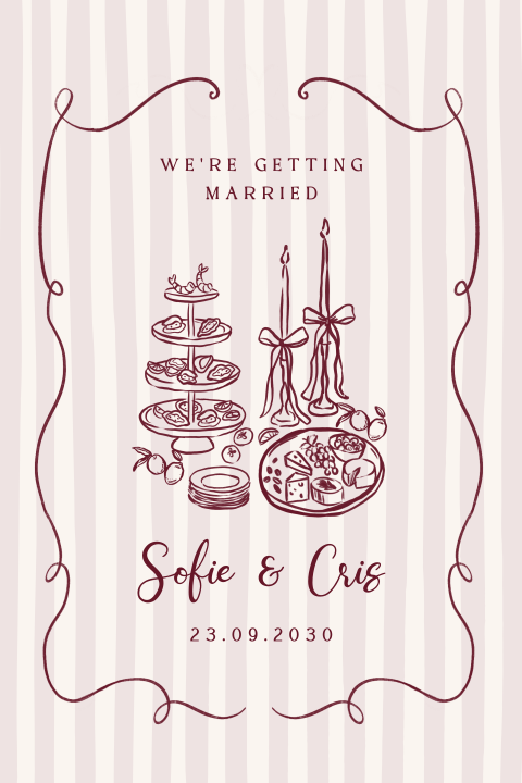 Trendy trouwkaart berry met strepen en illustraties