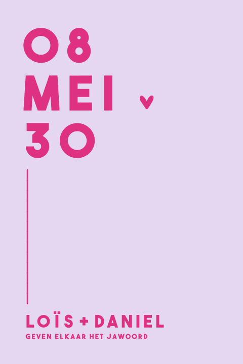 Kleurrijke trouwkaart in lila en roze met moderne typografie