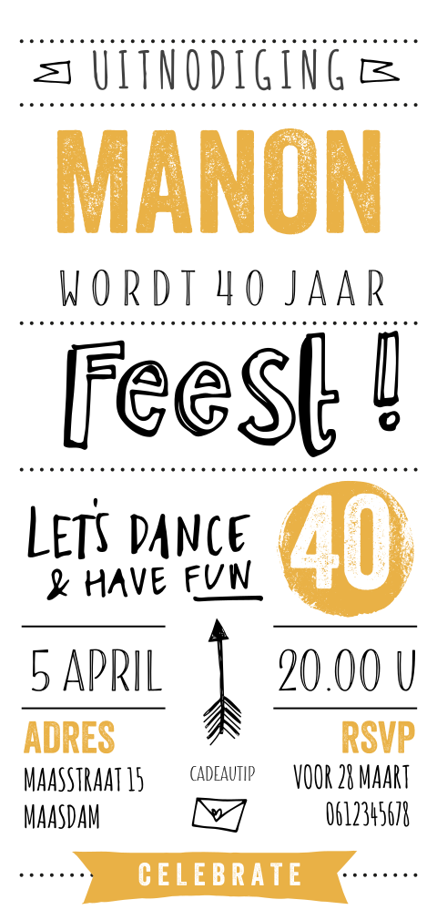 Uitnodiging 40e verjaardagsfeest met hippe typografie