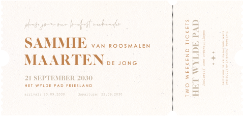 Stijlvolle uitnodiging bruiloft in ticket vorm