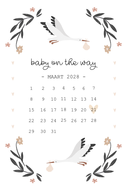 Zwangerschapsaankondiging kaart met kalender en ooievaar