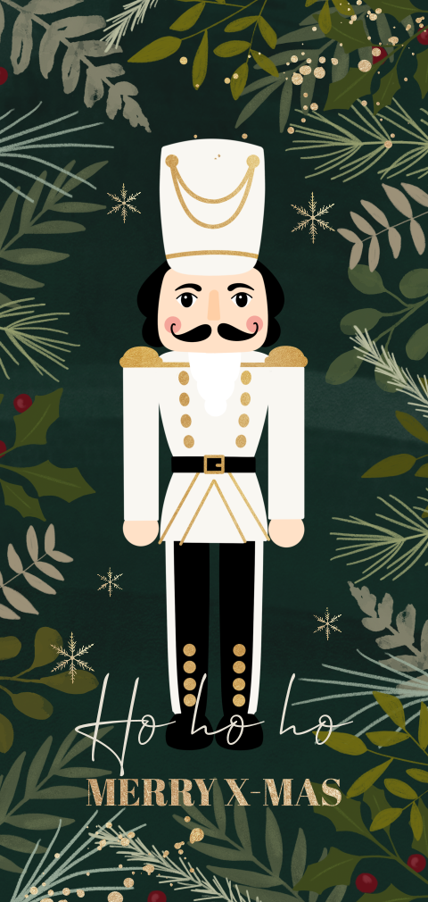 Botanische kerstkaart met notenkraker