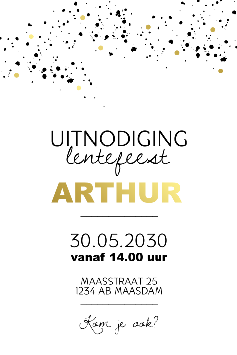Zwart, wit uitnodiging Lentefeest met goudfolie