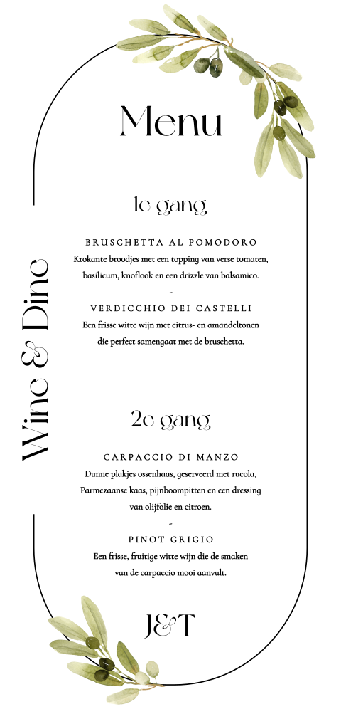 Menukaart bruiloft ovaal met olijftakjes