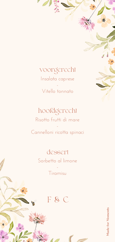 Kleurrijk menu bruiloft met handgeschilderde veldbloemen