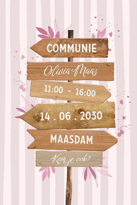 Roze communiekaart met strepen en wegwijzer