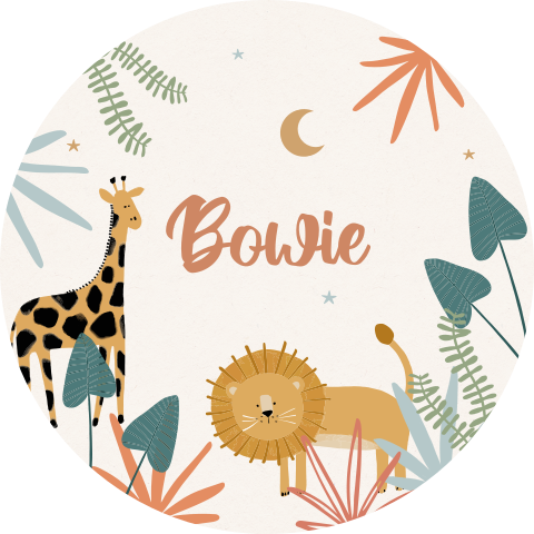 Vrolijke muurcirkel met naam en giraffe en leeuw