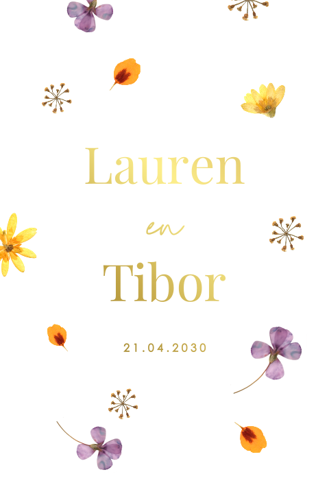 Trouwkaart met geperste bloemen en goudfolie