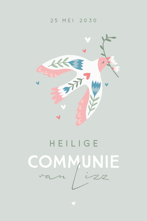 Uitnodiging Communie in zachte kleuren met duif