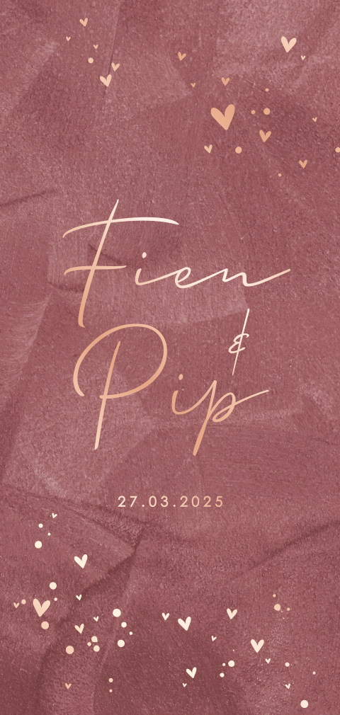 Geboortekaartje tweeling velvet look met roséfolie en hartjes