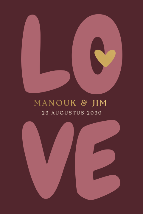 Trouwkaart in rood met roze LOVE en mat goudfolie