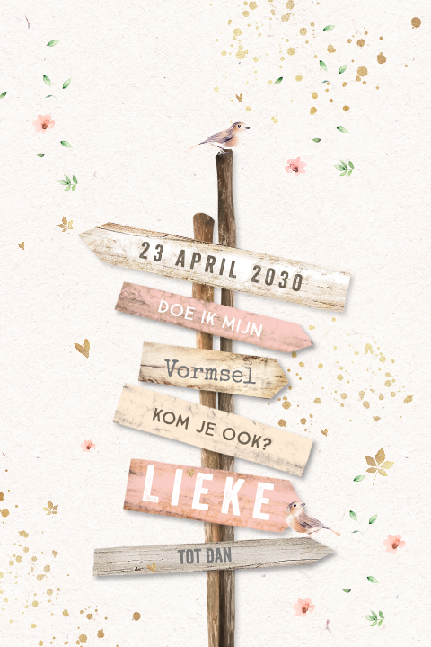 Uitnodiging Vormsel meisje met wegwijzer