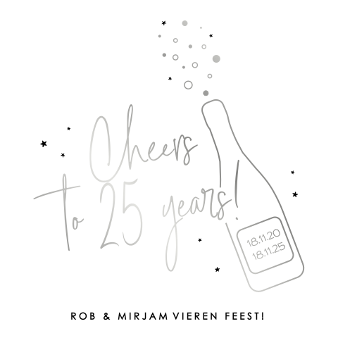 Zilverfolie uitnodiging 25 jaar getrouwd met champagne