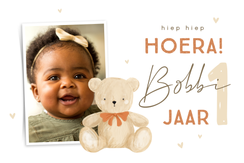 Uitnodiging kinderfeestje 1 jaar met teddybeer en foto