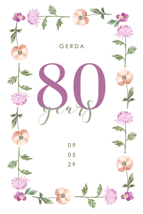 Uitnodiging 80e verjaardag met bloemenkrans