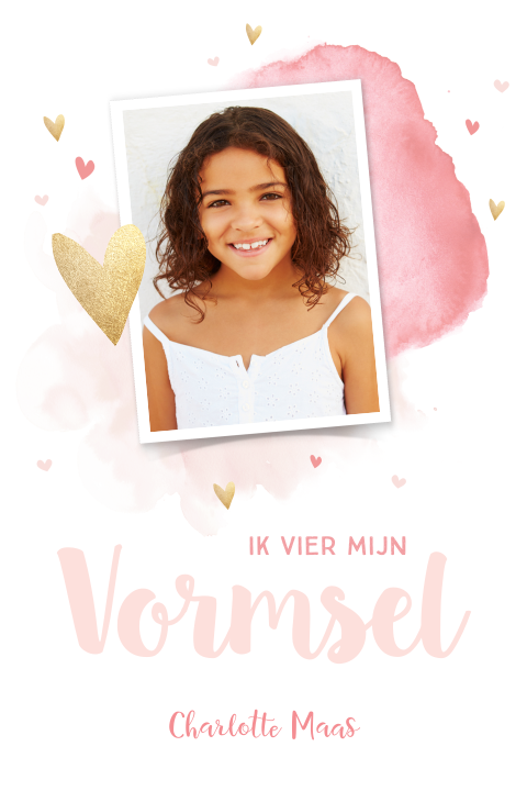 Lieve vormsel uitnodiging met hartjes in goud en roze