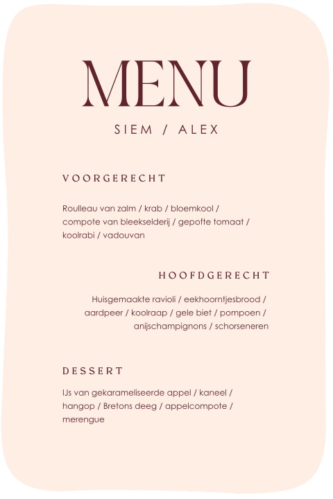 Stijlvolle menukaart bruiloft in cherry kleur