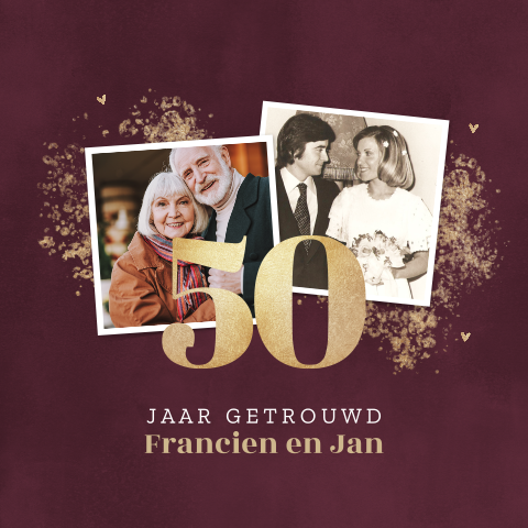 Uitnodiging gouden bruiloft met foto's en rode velvet-look achtergrond