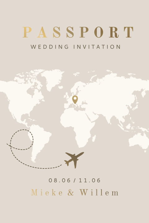 Trouwkaart in beige met wereldkaart en mat goudfolie