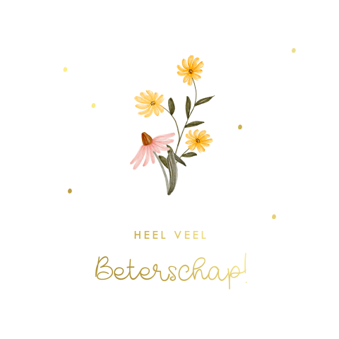 Beterschapskaart met kleurrijke bloemen, stippen en goudfolie