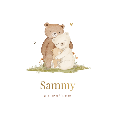 Geboortekaartje met lieve berenfamilie en mat goudfolie