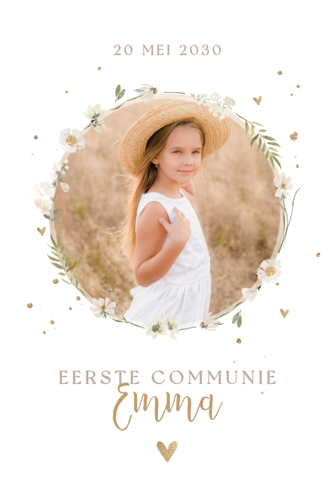 Communie uitnodiging met foto, bloemenkrans en hartjes