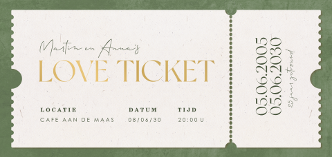 Ticketuitnodiging 25-jarig huwelijk in groen met mat goudfolie