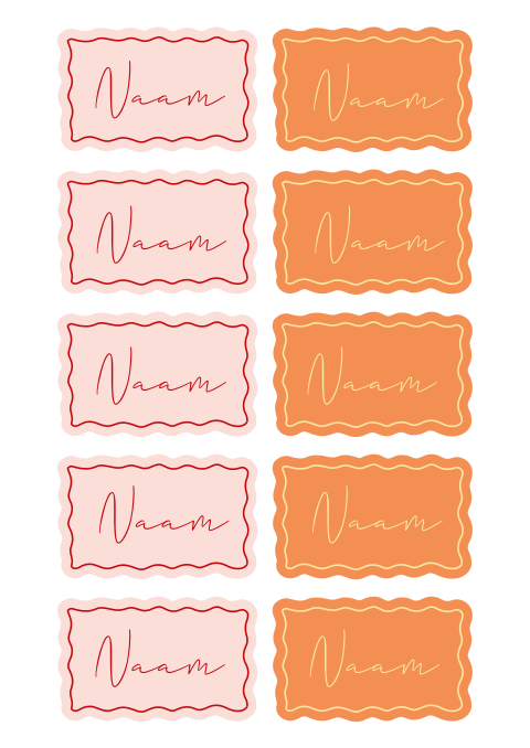 Naamkaartjes bruiloft in roze en oranje met golvende rand