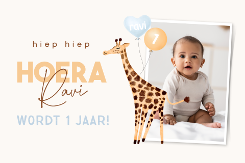 Uitnodiging kinderfeestje 1 jaar met giraf en eigen foto