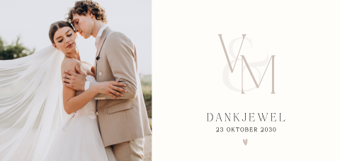 Klassieke bedankkaart in beige met foto en initialen