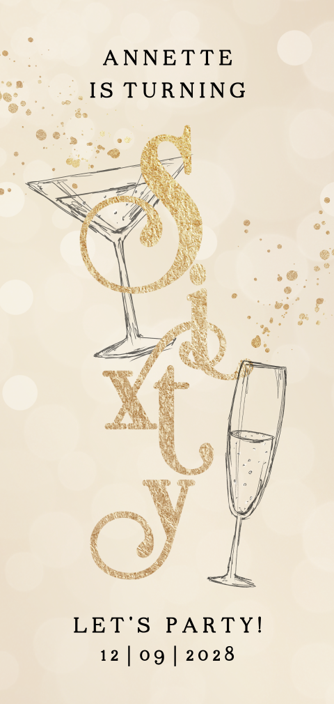 Uitnodiging verjaardag 60 jaar goud met cocktails en Champagne