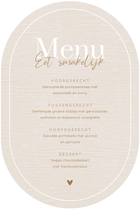 Stijlvolle menukaart bruiloft ovaal in neutrale kleuren