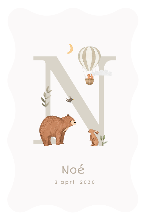 Geboortekaartje in originele vorm met bosdieren en initiaal