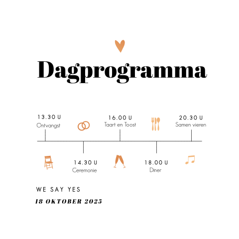 Dagprogramma bruiloft met tijdlijn en koperfolie
