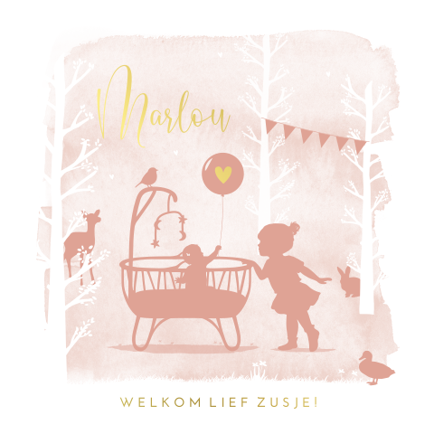 Goudfolie geboortekaartje zusje wieg