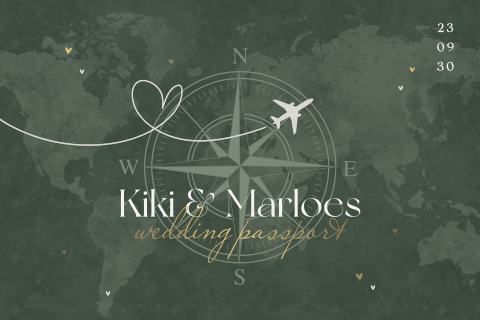 Paspoort trouwkaart groen met kompasroos