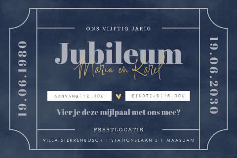 Ticket uitnodiging 50-jarig huwelijksfeest in blauw met mat goudfolie