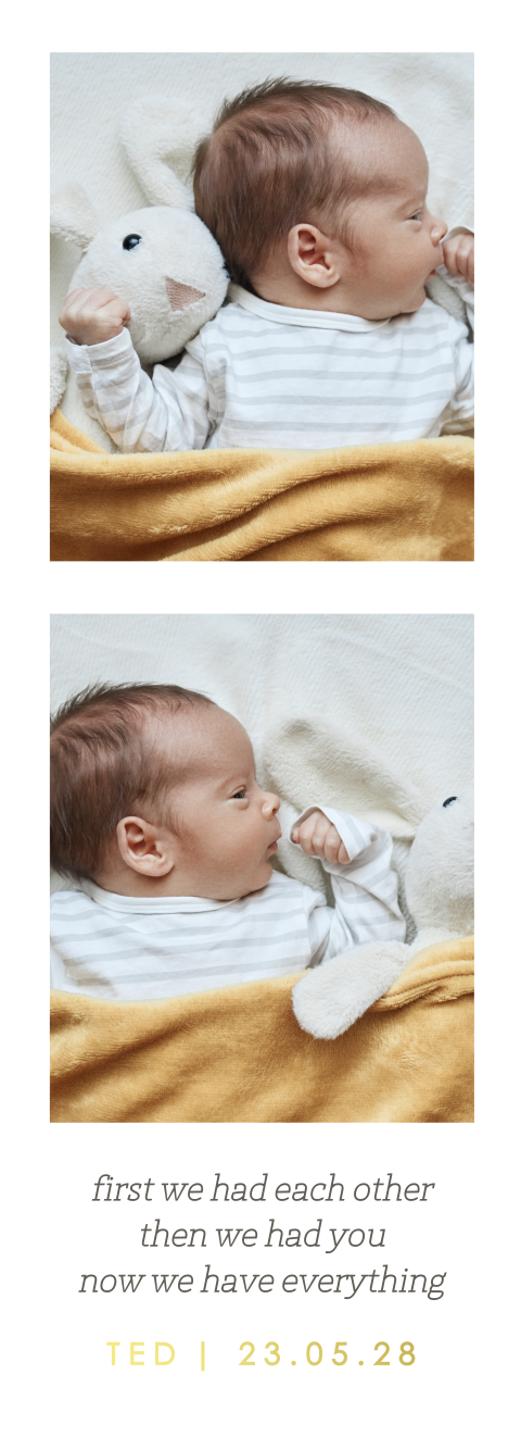 Fotostrip bij geboortekaartje met naam in goudfolie | 4 stuks