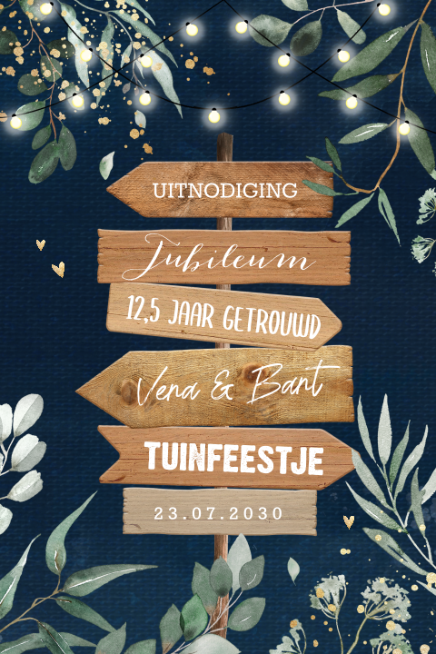 Uitnodiging 12,5 jaar huwelijk tuinfeest met wegwijzer