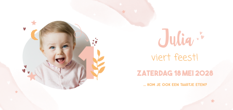 Uitnodiging kinderfeestje 1 jaar met foto en roze watercolor