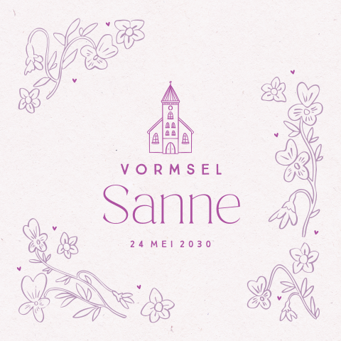 Paarse uitnodiging vormsel met lijntekening bloemen