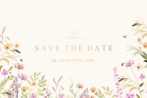 Kleurrijke save the date met handgeschilderde veldbloemen