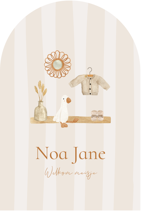 Origineel geboortekaartje in beige met strepen en babykamertje